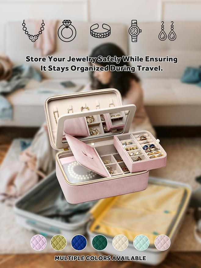 Velvet Travel Jewelry Box with Large Mirror, Double-Layer Jewelry Organizer Case for Women and Girls, Portable Storage Case with 6 Anti-Tarnish Bags Gift Ready for Her (Blush Pink) - Image 8