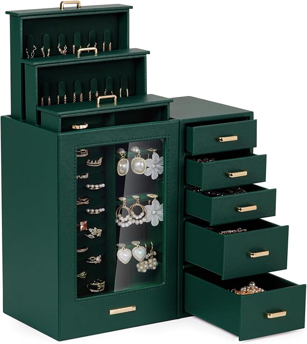 Homde Large Jewelry Box/Organizer/Case with Glass Window, Drawers for Necklaces Earrings Rings Bracelets Watches Gift for Women Girls by Homde