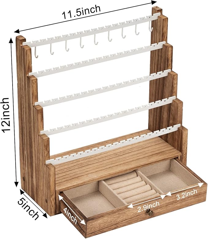 Pinzoveco Earring Organizer, 5 Layer Earring Holder Organizer with Necklace Holder Pole, Rustic Wood Jewelry Organizer Stand Display for Stud Earring Bracelet Necklace Ring, 175 Earring Holes - Image 6