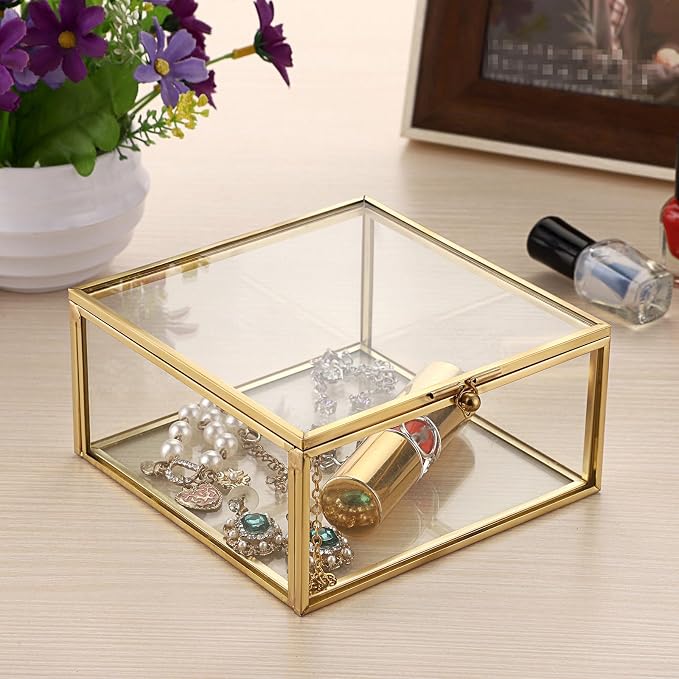 Hipiwe Vintage Glass Jewelry Organizer Box - Golden Metal Keepsake Box Desktop Jewelry Organizer Holder, Wedding Birthday Gift, Square Vanity Decorative Box for Dresser,Bathroom - Image 3