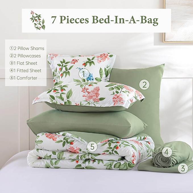 Green Comforter Set King Size Floral 7-Piece Bedding Set,Botanical Comforter Set with Pillowcases,Soft Microfiber Complete Bedding Sets for All Season