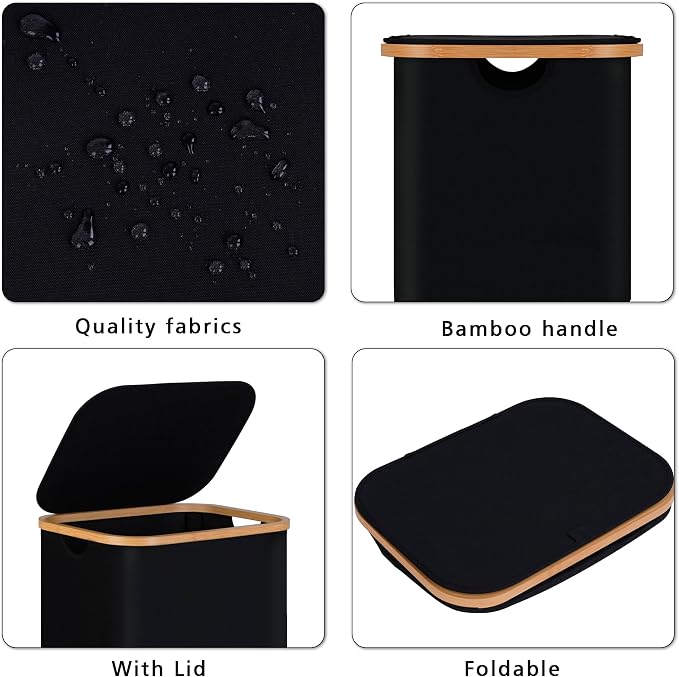 100L Laundry Hamper with Lid, Lagre Basket with Bamboo Handles,Foldable Clothes Hamper Tall Dirty Laundry Basket for Clothes Toys Towels Organizing,Black - Image 2