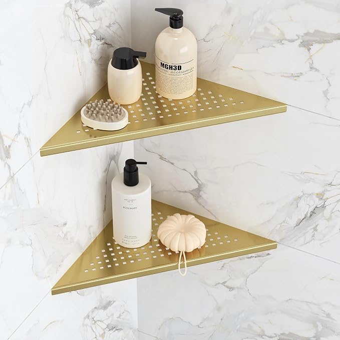 Qeke Corner Shower Shelves, 10” Recessed Tile Shower Shelf Brushed Golden, 304 Stainless Steel Grout in Corner Tile Shower Shelves, No Drilling, 2 Pack by Qeke
