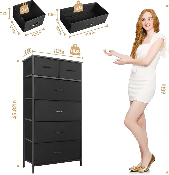 Mifuro Tall Dresser for Bedroom, Vertical Storage Organizer Tower with 6 Drawers, Chest of Drawers with Fabric Bins, Steel Frame, Wood Top for Bedroom, Closet, Entryway- Black - Image 3