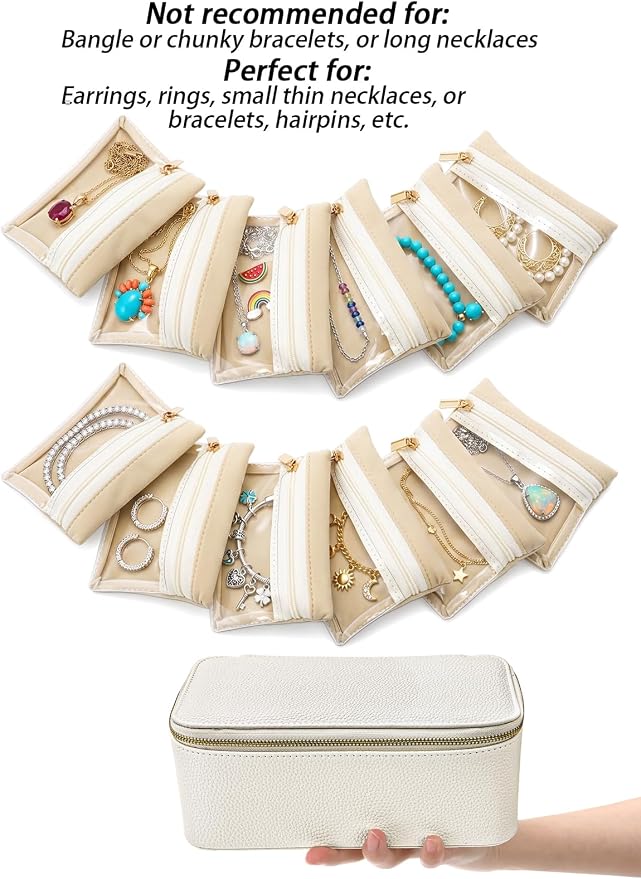 Hacaroa Travel Jewelry Case with 12 Velvet Pouches, Jewelry Storage Organizer Box PU Leather, Clear Window Small Bags Wedding Gifts for Earrings, Necklaces, Bracelets, Rings, Women, Girls, Cream White - Image 3