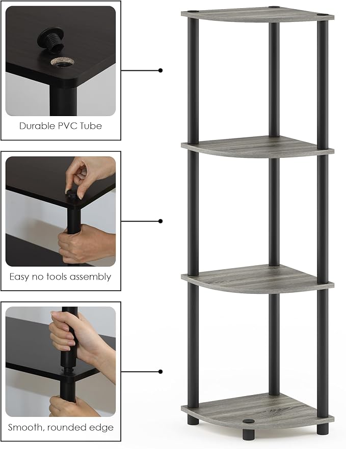 Furinno TURN-N-TUBE Corner Shelf, 4-Tier Corner Bookshelf, Display Storage Shelves with Open Shelves, for Organization and Storage, Living Room, Home Office, Garage, French Oak - Image 5