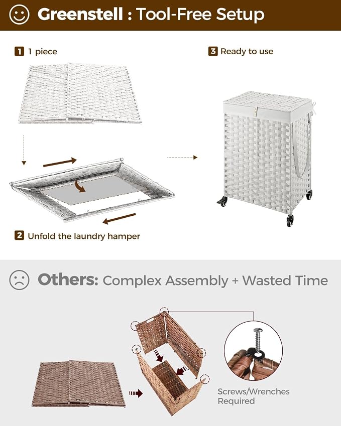 Greenstell Laundry Hamper with Wheels, No Install Needed, 90L Divided Handwoven Hampers & 2 Removable Liner Bags, Rattan Clothes Laundry Basket with Lid & Handles, Foldable Hampers White - Image 7