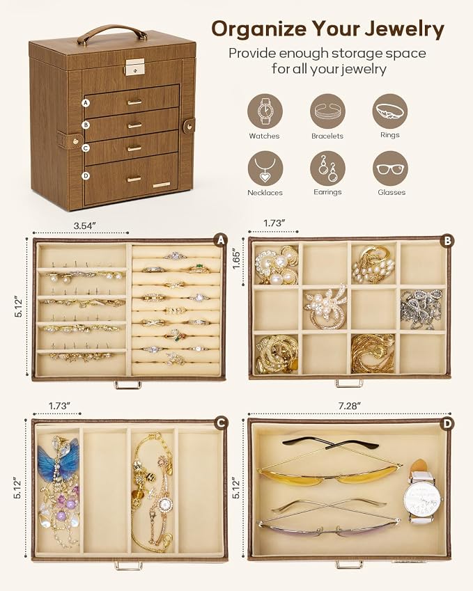 Homde Mothers Day Gifts Synthetic Leather Huge Jewelry Box Mirrored Watch Organizer Necklace Ring Earring Storage Lockable Gift Case (Brown + Gold) - Image 3