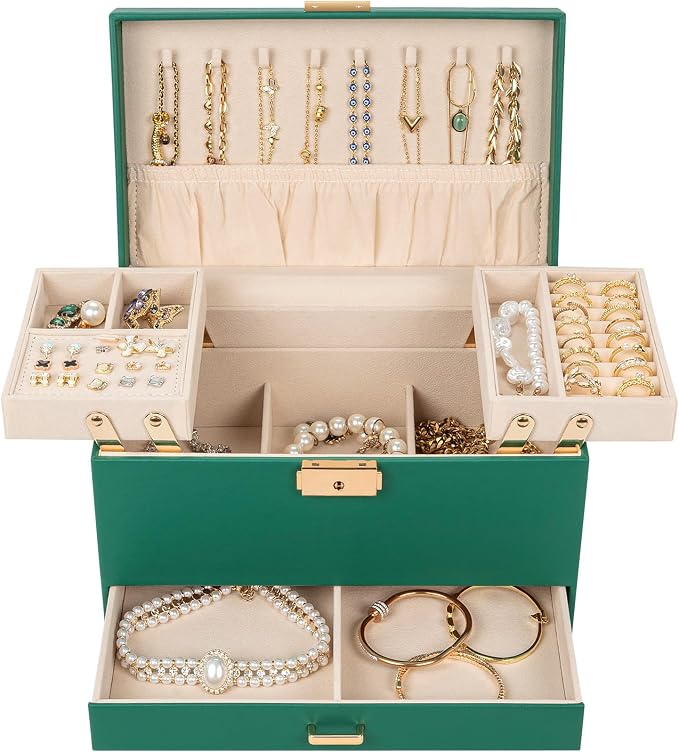 AKOZLIN Travel Jewelry Box Organizer Functional 2-trays Leather Jewelry Storage Case with Lockable Portable Drawer for Women Girls Ring Necklace Earring Bracelet - Image 2