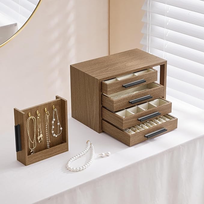 HOOBRO Jewelry Box for Women, Wooden Jewelry Organizer with Transparent Window, 4-Layer Jewelry Organizer Box, Jewelry Holder Organizer for Earrings, Necklaces, Rings, Light Walnut and Black BSD09JB04 - Image 3