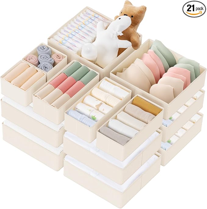 Criusia Drawer Organizer Clothes, 21 Pack Dresser Organizer for Baby Clothes, Underwear, Sock - Foldable Closet Organization and Storage Dividers Bins for Nursery, Bedroom (Beige) by Criusia