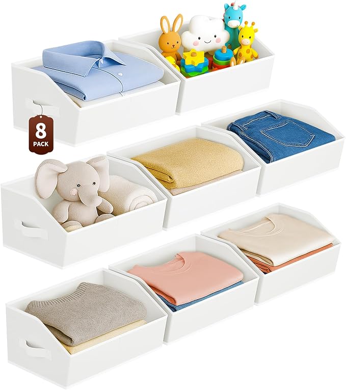 Homsorout Large Closet Organizers and Storage Bins - 8 Pack Trapezoid Storage Baskets for Shelves, Foldable Fabric Baskets with Handles Ideal for Closet, Basket, Wardrobe and Shelf Storage, White by Homsorout