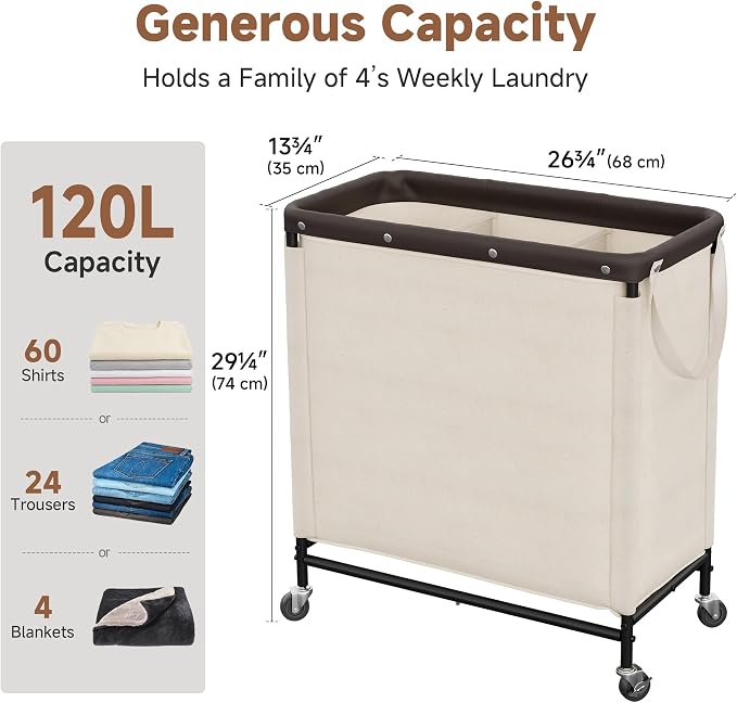 StorageWorks 3 Section Laundry Hamper, Rolling Laundry Cart with Wheels and Handles, Laundry Room Double Sorter for Organizer and Storage, 31.7 Gal(120L), Beige - Image 3