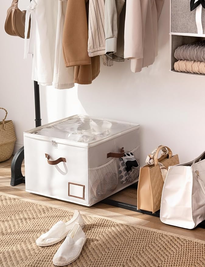 StorageWorks Shoe Organizer for Closet, Shoe Storage Bins with Clear Lid, Fabric Shoe Boxes with Side Mesh Pockets, Closet and Storage Bins for Slippers and Flats, Holds Up to 16 Pairs, Beige - Image 7