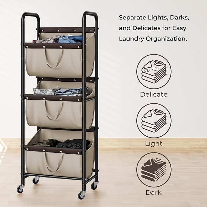 GRANNY SAYS 3 Tier Laundry Sorter, Laundry Basket with Wheels, Laundry Room Organization and Storage, 3 Section Rolling Laundry Cart for Dorm, Bathroom, Bedroom, Closet, Light Khaki - Image 4