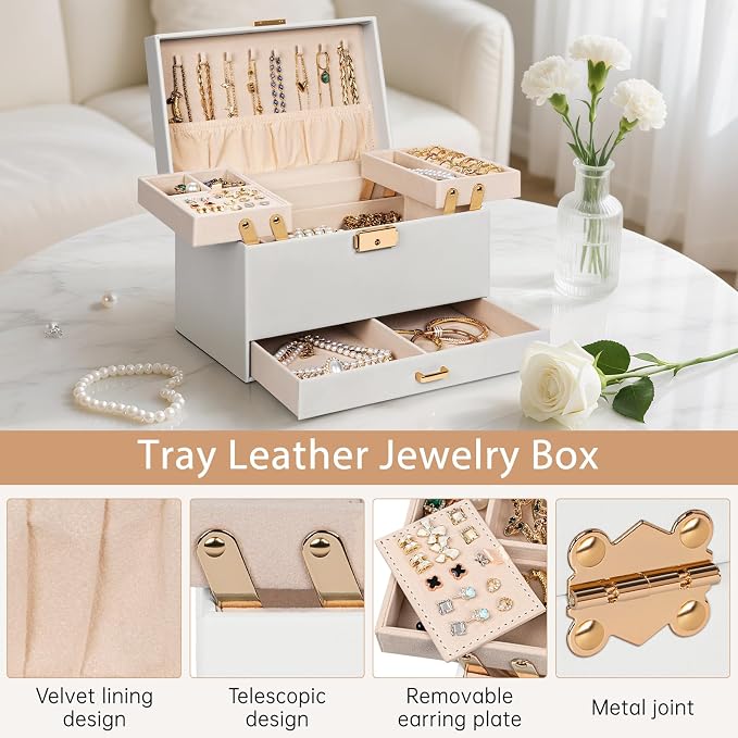 AKOZLIN Travel Jewelry Box Organizer Functional 2-trays Leather Jewelry Storage Case with Lockable Portable Drawer for Women Girls Ring Necklace Earring Bracelet - Image 3
