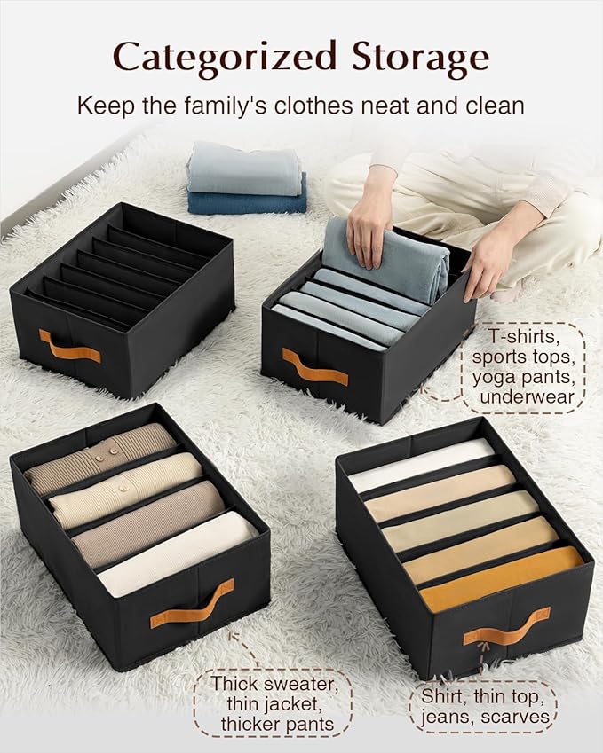 Homsorout Clothes Organizers and Storage - 4/5/7 Grids Fabric Jeans Organizer with Handles, Foldable Closet Organizers Dividers, Wardrobe organizer for Pant, Sweater, T-shirt, Scarf, 6 Pack, Black - Image 2
