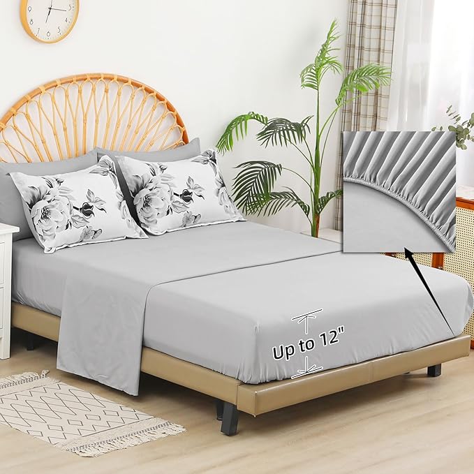 Drucon Grey Floral Comforter Set King 7 Pieces Bed in a Bag Botanical Floral Comforter Soft Microfiber Grey Bedding Set King Size Bed with Sheet and Pillowcase