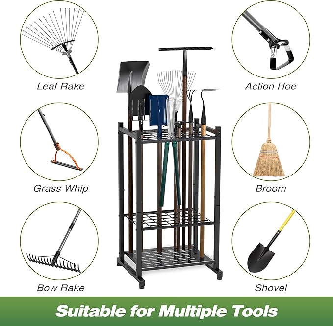 Garden Tool Organizer, Yard Tool Tower Rack for Garage Organization and Storage, Up to 35 Long-Handled Tools/Rakes/Brooms, Heavy Duty Steel Garden Tool Stand for Shed, Outdoor, Black - Image 6