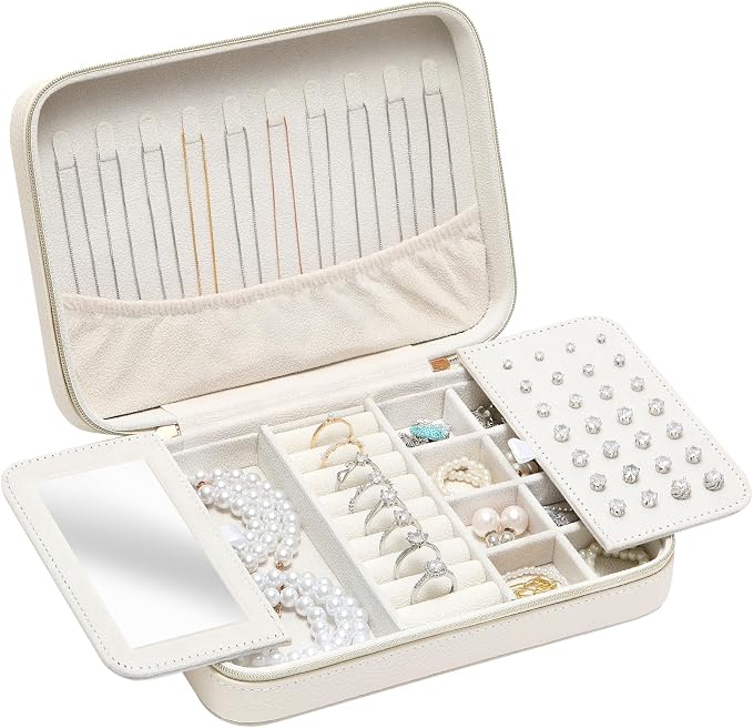 Genuine Leather Travel Jewelry Organizer Case Box with Mirror for Women, Small Mini Portable Jewelry Box for Ring Earrings Necklace Bracelet Luxury Gift for Women（White） by NGVRC