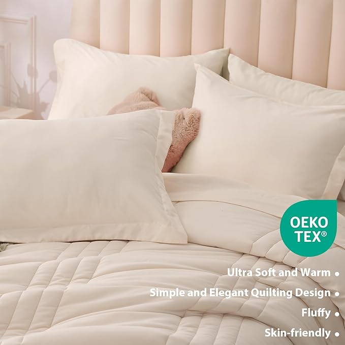 Full Comforter Set Beige - Bed in a Bag Full Size 7 Pieces, Soft Bedding Set for All Seasons, Premium Comforter Set with Comforter, Sheets, Pillowcases & Shams