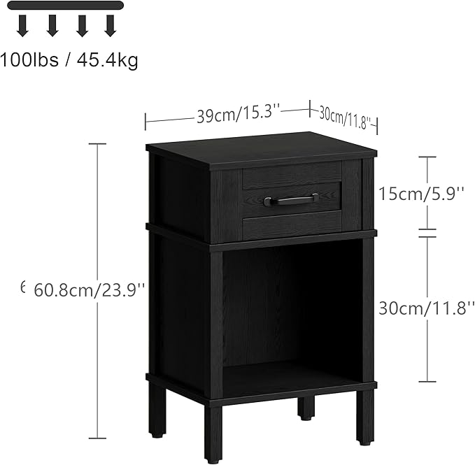 Farmhouse Nightstand with Drawer, Small Wood Side Table, Wooden Bedroom Nightstand, Wood Night Stand, Black Bedside Table with Storage, Black End Table for Living Room LET512B