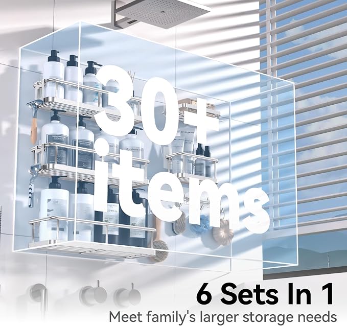 YASONIC Shower Caddy, 6 Pack Large Capacity Bath Organizer with Soap Holder and 12 Hooks, Rustproof bathroom Shelves for Inside Shower, No Drilling&Sleek Bathroom Organizers and Storage Silver - Image 3