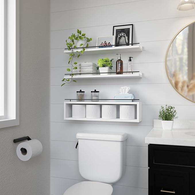 WOPITUES Floating Shelves for Wall 24 inch with Cube Shelf, Wall Shelves with Metal Rail for Bathroom Decor, Bathroom Organizers and Storage, Over Toilet Shelves, Toilet Paper-White - Image 4