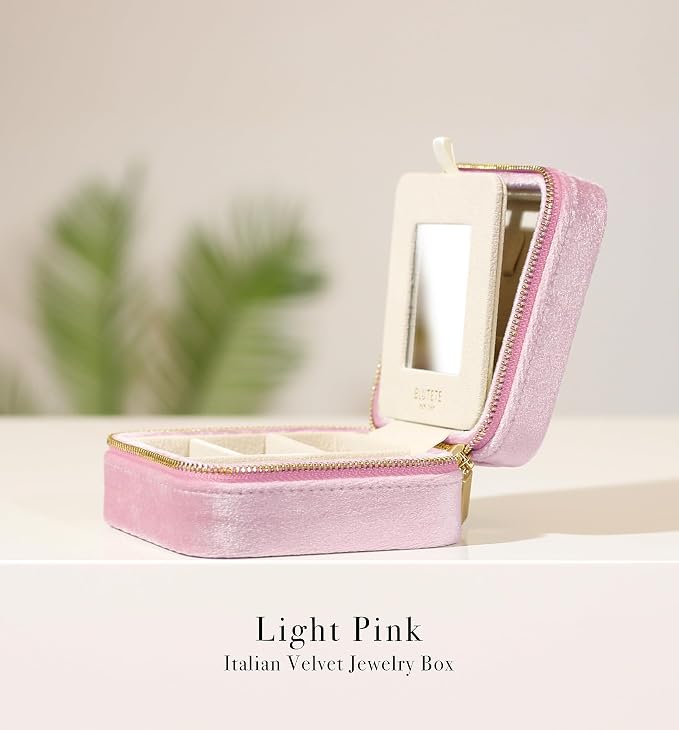 BLUTETE Travel Jewelry Box Organizer Velvet Travel Case With Mirror Ring Earrings Necklaces Storage Organizer Box (Light Pink) - Image 3