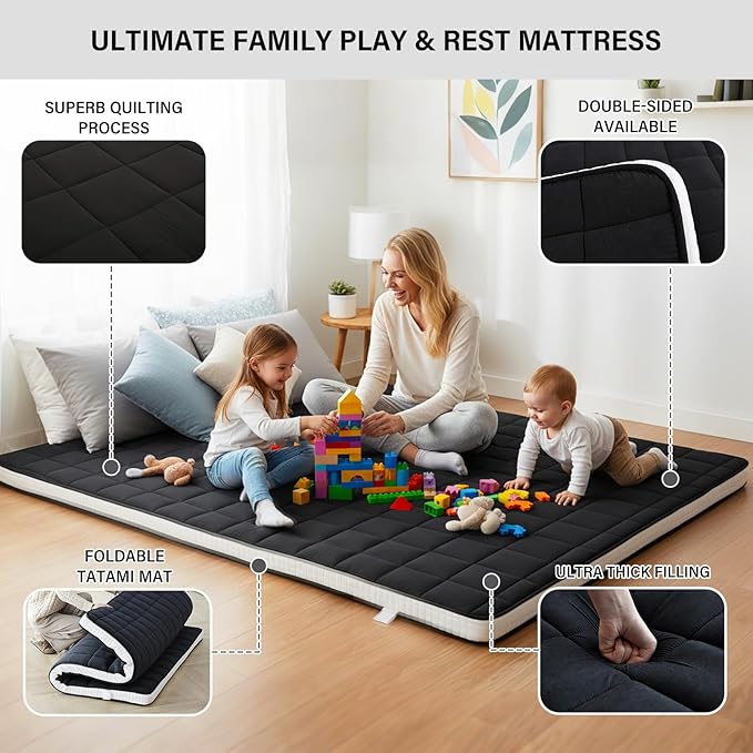 Tiita Japanese Floor Mattress, 4” Thicken Futon Mattress with Storage Bag and 2 Straps，Queen Size Sleeping Tatami Mat for Adults，Black