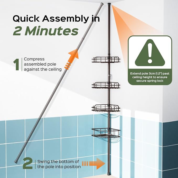 HAMITOR Shower Caddy Tension Pole: 4-Tier Rustproof Bathroom Corner Shelf Organizer for Renters - No Drill Large Shampoo Storage Rack Adjustable 47-121 Inch - Space Saving Bathtub Accessory - Bronze - Image 6
