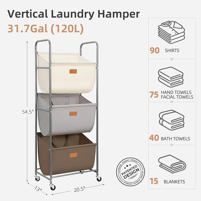 STORAGE MANIAC 120 Liters Vertical Rolling Laundry Hamper, 3 Section Laundry Sorter with Wheels and 2 Breaks, 3-tier Laundry Baskets for Small Space, Dorm, Laundry Room, Closet, Multicolored 3-tier - Image 4