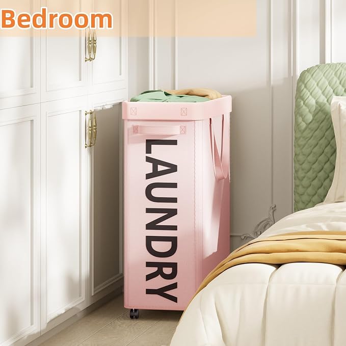 Optish Pink Laundry Basket with Wheels, Dorm Room Essentials for Girls, 90L Rolling Laundry Hamper with Wheels and Removable Mesh Bag for Clothes, Bedroom, Bathroom, College - Image 7