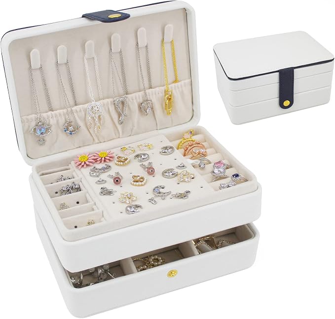 KOOAAICCHI Small Jewelry Box, Travel Jewelry Organizer, Portable Jewelry boxes for Women Girls Gift, Double Layers PU Leather Jewelry Holder for Rings, Earrings, Necklaces-White by KOOAAICCHI