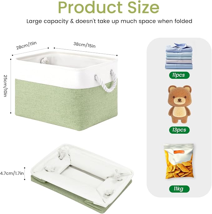 Large Storage Baskets- 15x11x10 inch Storage Bins for Shelves and Closet Organizing, Foldable Fabric Bin for Home Organization Clothes and Laundry (3-Pack, White&Green) - Image 5