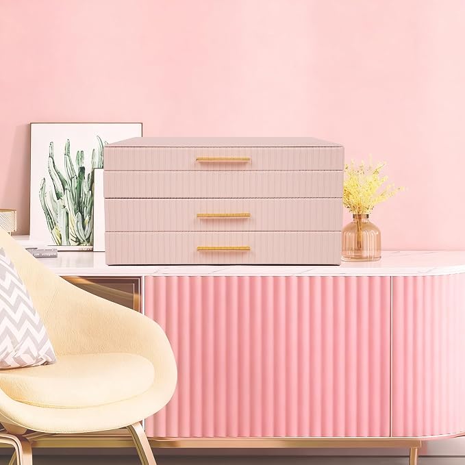 Dajasan Jewelry Box Organizer, 3-Tier Jewelry Storage Organizer with 2 Drawers, Large Jewelry Box for Girls Women, PU Leather Surface with Texture, Gift Idea, Modern Style (Pink) - Image 5