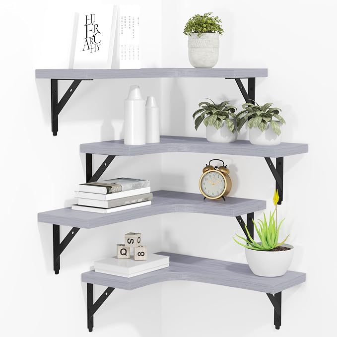 ROMGUAR CRAFT Corner Floating Shelves Wall Mounted Set of 4, Rustic Wood Storage Display Shelves for Home Decor, Bathroom, Kitchen, Bedroom, Living Room, Office (Light Grey) by ROMGUAR+CRAFT
