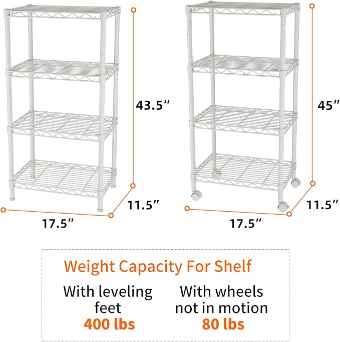 SINGAYE 4 Small Shelves Storage Shelf Wire Shelving Unit Metal Shelf Adjustable Organizers Storage Shelving with Wheels for Bathroom Laundry Room Kitchen Pantry11.5”D x 17.5”W x 30.5”H White - Image 3
