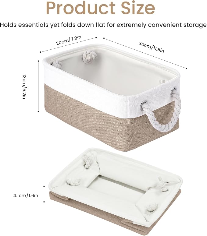 Storage Baskets for Shelves 11.8x7.9x5.2 Inch, Foldable Fabric Storage Bins with Handles, Small Storage Baskets for Organizing Closet, Office, Home Organization (1-Pack, White&Khaki) - Image 4