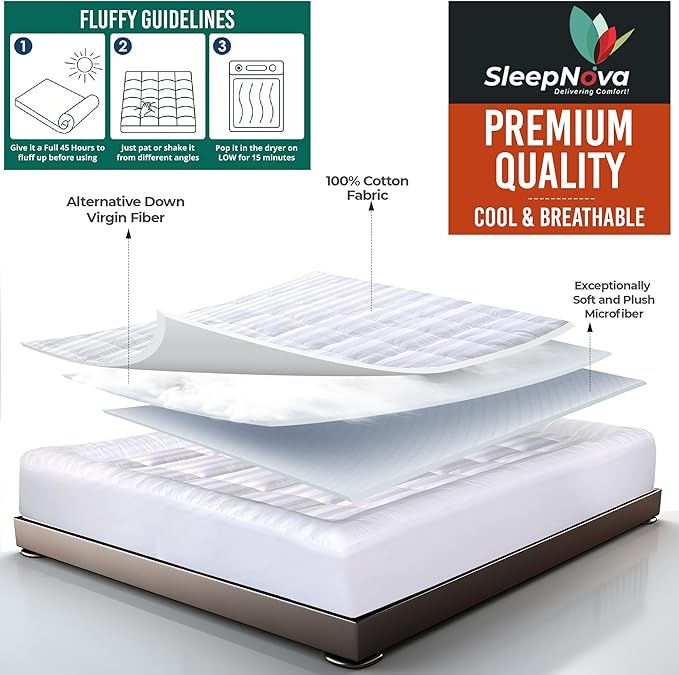 SLEEPNOVA's Cooling Mattress Topper Twin – 100% Cotton Pillow Top That Keeps You Cool, Relieves Back Pain & Adds Cloud-Like Comfort with Deep Pocket Fit (8”-21”), Soft & Machine Washable