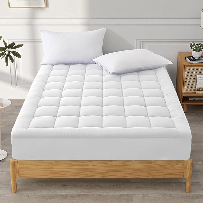 Quilted Mattress Pad Pillow Top Mattress Cover Protector Cooling Soft for Breathable Padded Deep Pocket 8-21 Fitted Supportive(White,Twin Size)