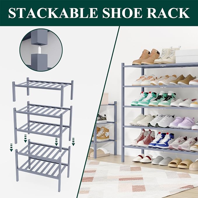 Smiry Shoe Rack, 2 Tier Long Bamboo Shoe Organizer, Stackable Free Standing Wooden Shoe Storage Shelf for Closet, Entryway, Front Door Entrance, Grey - Image 4