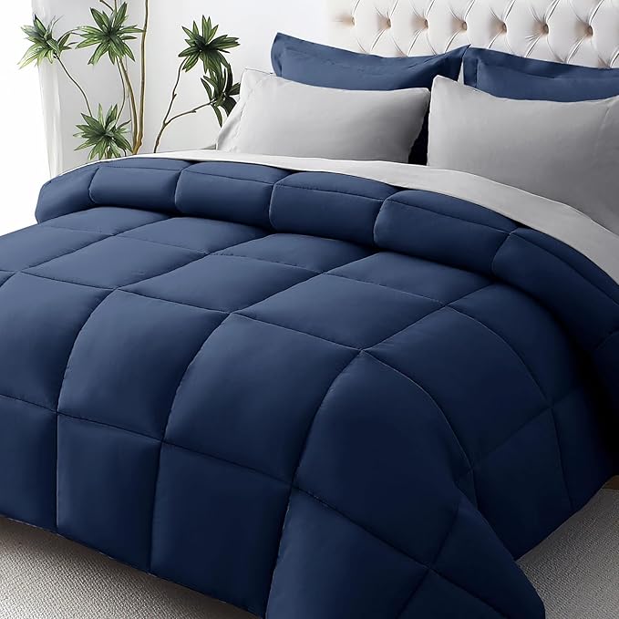 JOLLYVOGUE Twin XL Comforter Set, Ultra-Soft Bed in a Bag Twin XL Size 5 Pieces, Oeko-TEX Certified Bedding Set with Down Alternative Comforter, Sheets, Pillowcases & Shams, Navy Blue & Light Grey