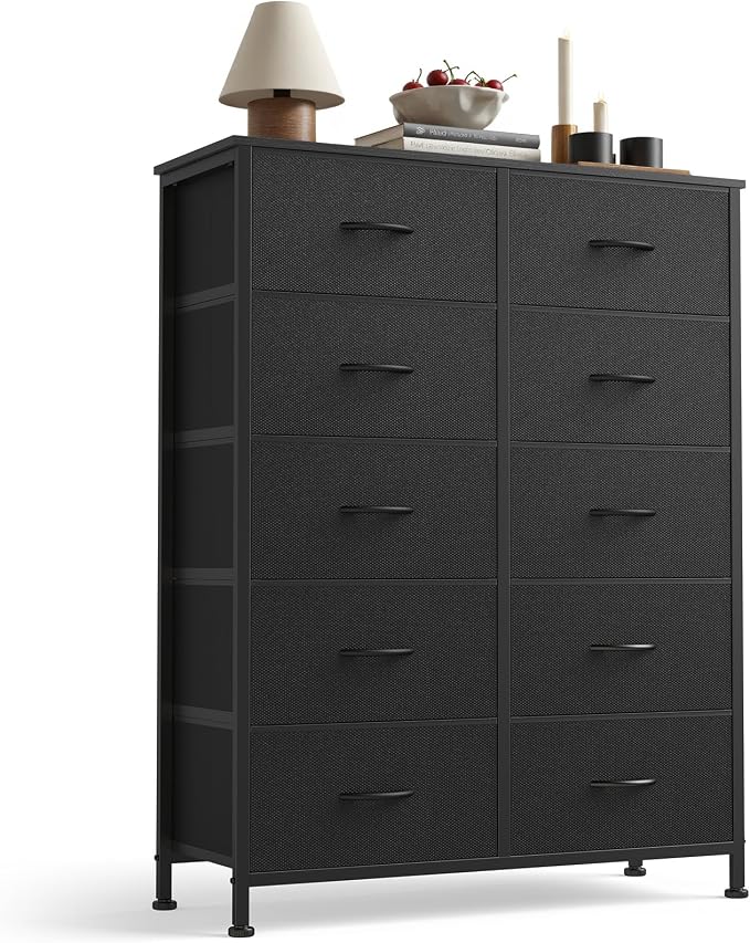 Sweetcrispy Black Dresser for Bedroom, 10 Drawer Tall Dresser, Fabric Storage Tower with Bins, Chest Organizer Unit for Bedroom Closet, Hallway, Steel Frame Wood Top, Easy Pull Handle by Sweetcrispy