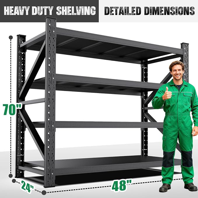 Heavy Duty Garage Shelving,6000LBS Capacity Metal Storage Shelves,4-Tier Adjustable Industrial Shelving Unit,Steel Rack for Warehouse,Garage,Workshop(70" H*48" W*24" D) Black - Image 3