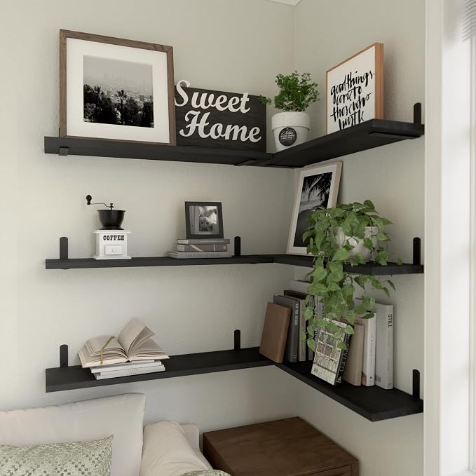 WOPITUES Wood Floating Shelves Set of 6, 24 inch Long Floating Shelves for Wall Decor, Farmhouse Shelf for Bedroom, Bathroom Storage Shelves, Book Shelves for Living Room - Black - Image 5