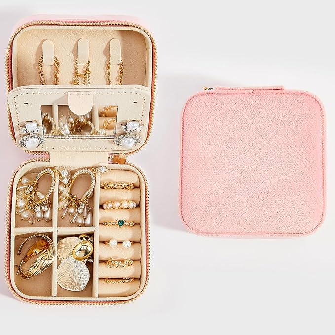 Smileshe Travel Velvet Jewelry Box with Mirror, Mini Gifts Case for Women Girls, Small Portable Organizer Boxes for Rings Earrings Necklaces Bracelets - Image 6