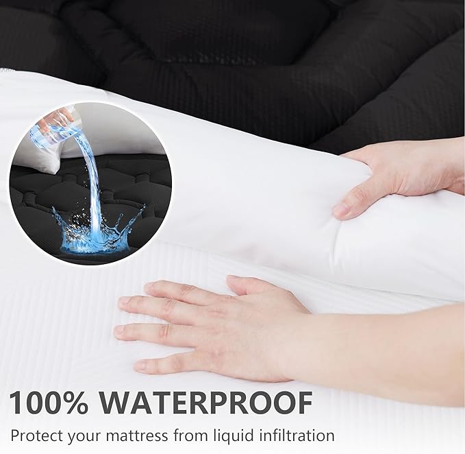 King Size Mattress Pad Waterproof, Cooling Mattress Topper Noiseless, Leak Proof Mattress Protector Deep Pocket Washable, Quilted Fitted Soft King Mattress Pad Cover (78x80 inch, Black)