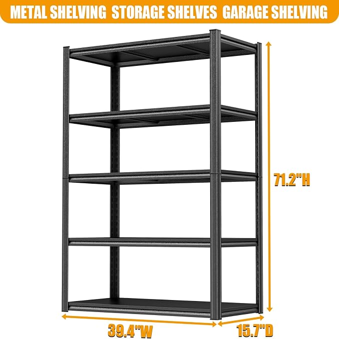 PRESTELION Garage Shelving 40" W Storage Shelves 3000LBS Heavy Duty Metal Shelving Unit 5 Tier Adjustable Shelf for Kitchen Warehouse Pantry Basement, Black (Black, 72" H x 40" W x 16" D, 5-Tier) - Image 3