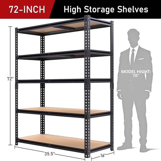 72" H Garage Storage Shelves,Storage Shelves Heavy Duty,2400LBS Metal Shelving Units,Adjustable Garage Shelving Heavy Duty for Garage Storage,Warehouse,16"x35.5"x72 - Image 3